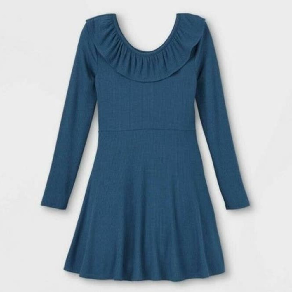 Art Class Ribbed Knit Long Sleeve Midi Dress L (10/12) Blue New